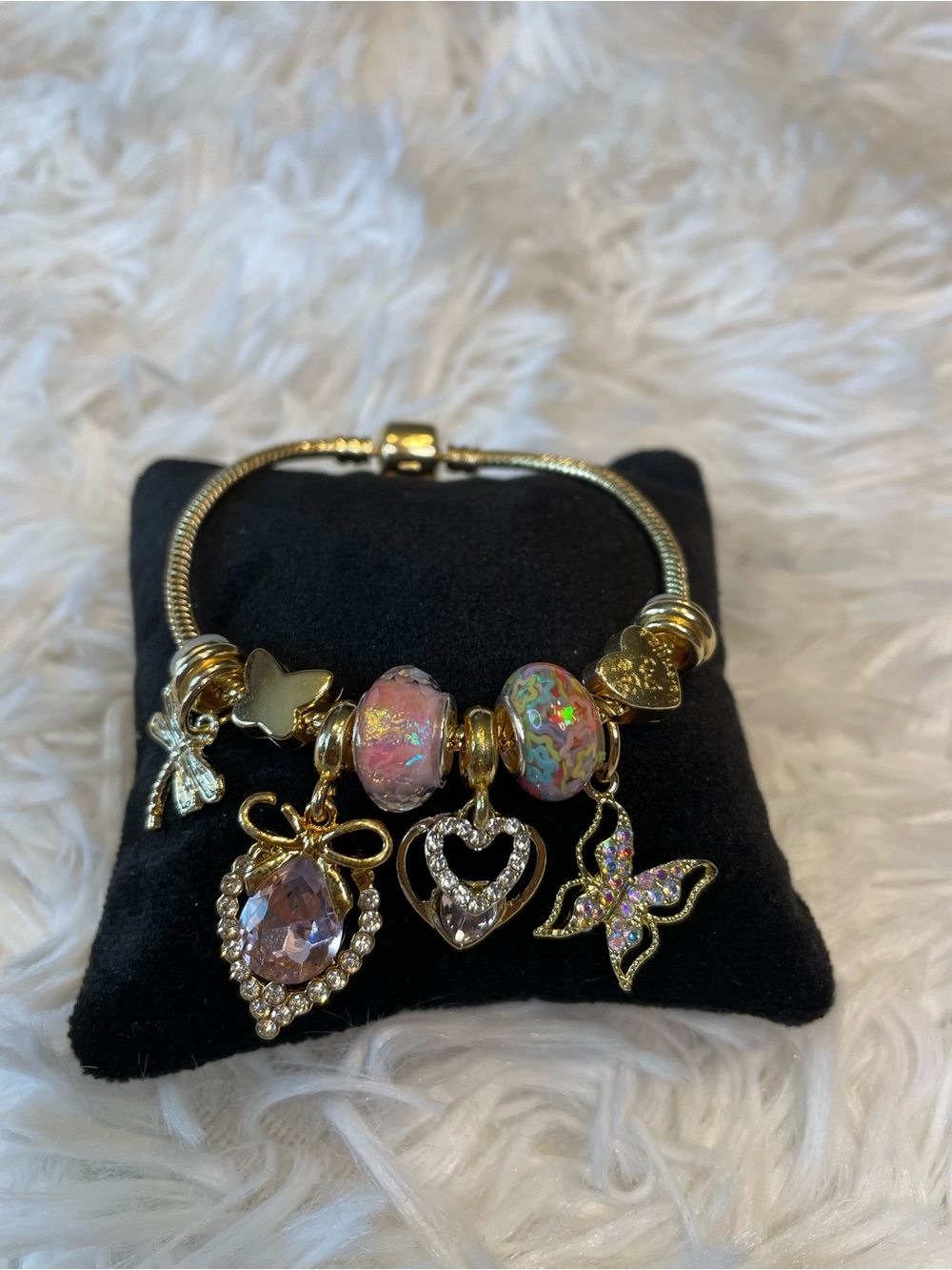 Gold Charm Bracelet with Sparkly Pink Charms